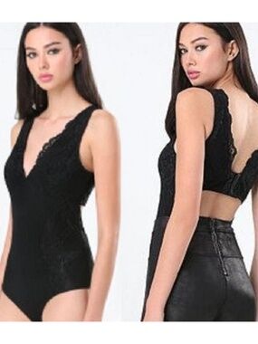 NEW Bebe Black Open Back Deep V Neck Lace Bodysuit Top